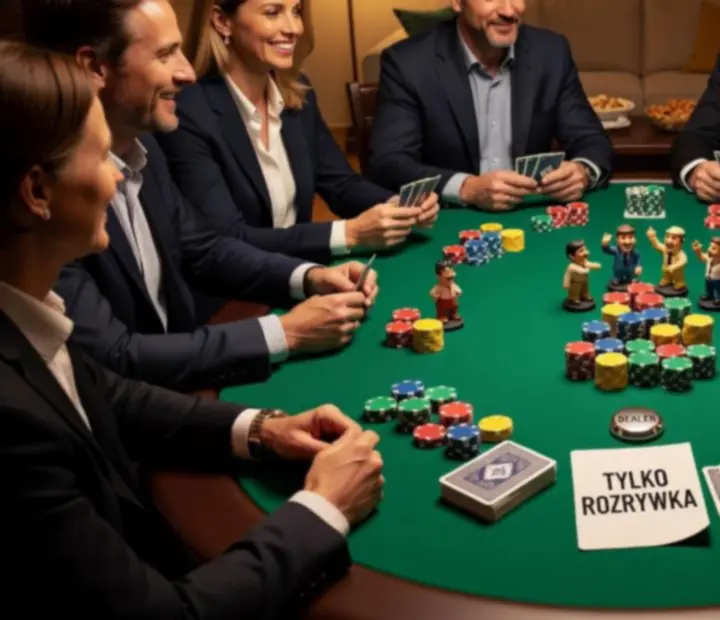 Stół pokerowy z symbolicznymi żetonami i kartami w nastrojowym, czerwono-złotym świetle