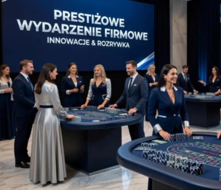 Firmowy wieczór kasynowy z elegancko ubranymi gośćmi