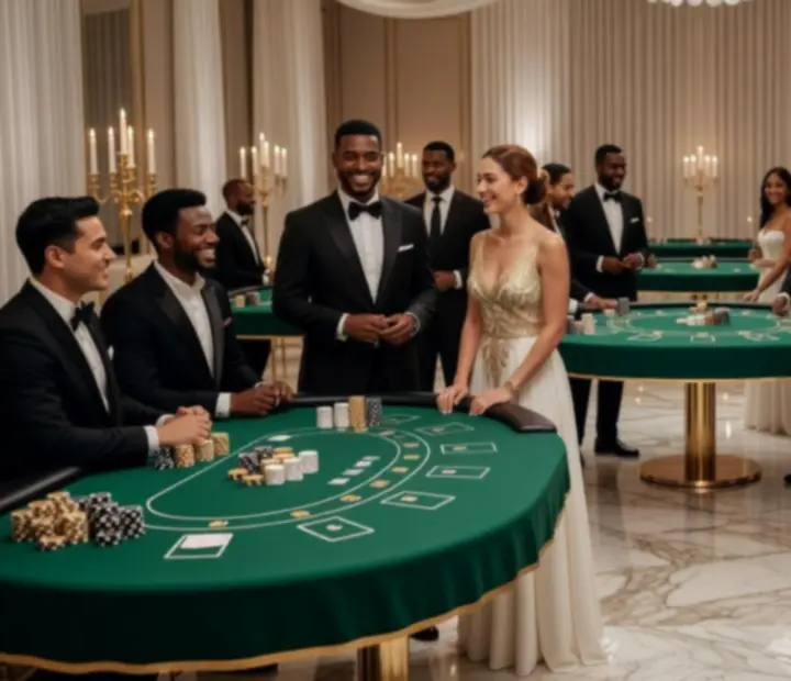 Elegancka sala eventu firmowego w stylu kasyna, oświetlona nastrojowym czerwonym światłem