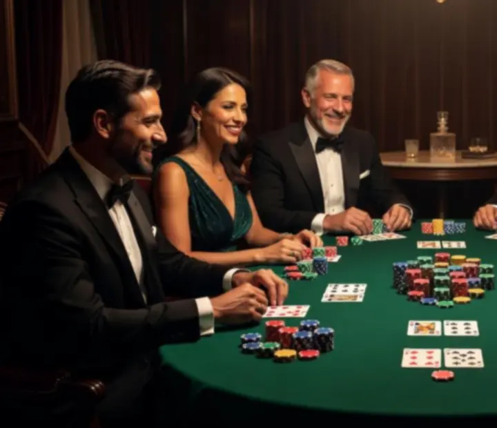 Wieczór pokerowy NAXSOL ENTERPRISES LTD z symbolicznie rozłożonymi żetonami i kartami