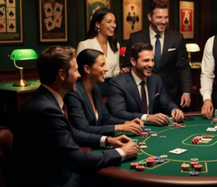 Zespół firmowy biorący udział w wieczorze pokerowym z symbolicznymi żetonami