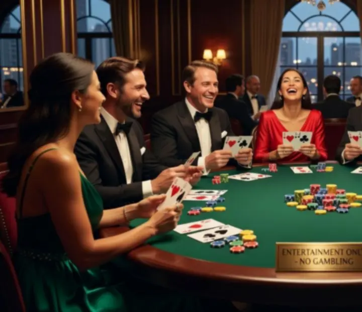 Stół pokerowy z kartami i symbolicznymi żetonami podczas wieczoru tematycznego